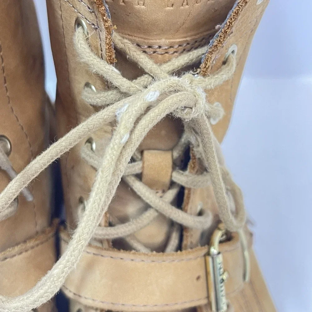 Polo Ralph Lauren Ranger Boots Size 8.5B Tan Leather Lace Up Buckle Combat Style